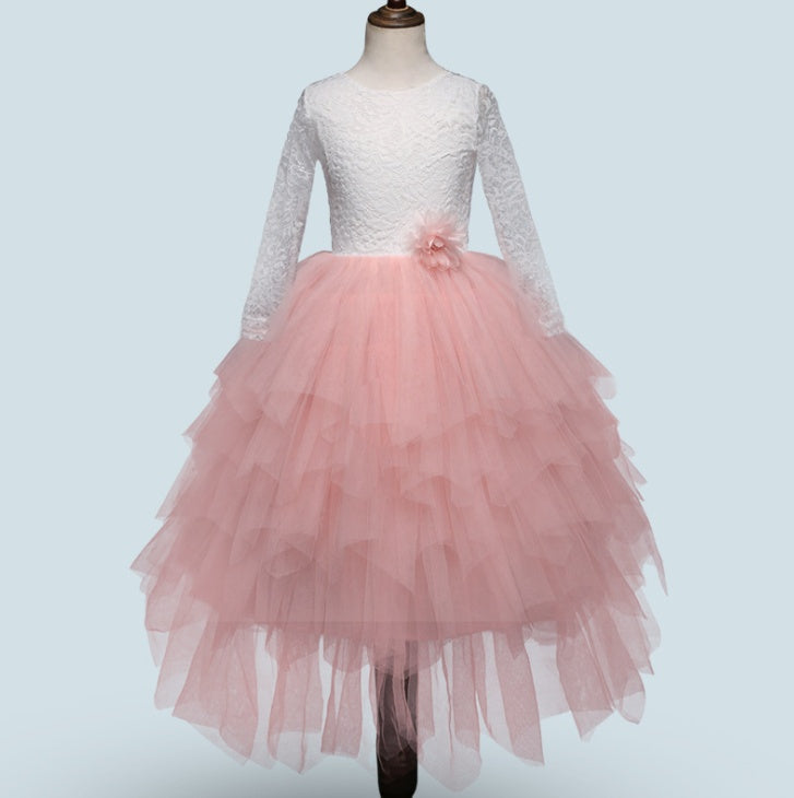Girls White Princess Dress – Long Sleeve Lace Hollow Skirt | Autumn & Winter Irregular Dress for Kids