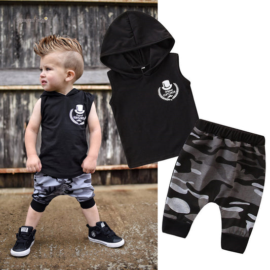 2-Piece Toddler Boys Outfit | Sleeveless Hoodie T-Shirt & Camo Pants Set