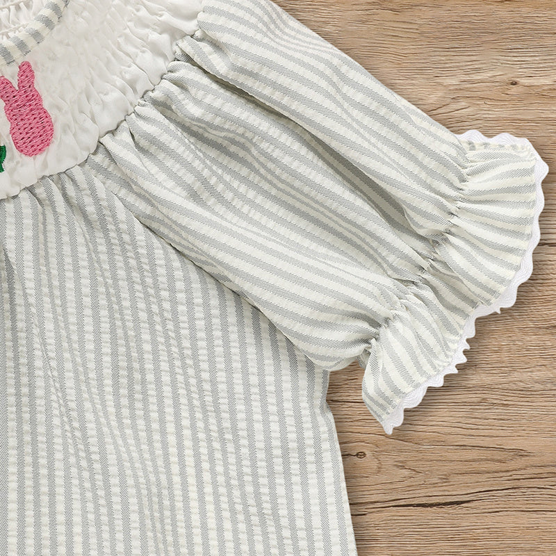 Infant Baby Girls Easter Bunny Smocked Dress – Embroidered Short Sleeve Casual Summer Outfit