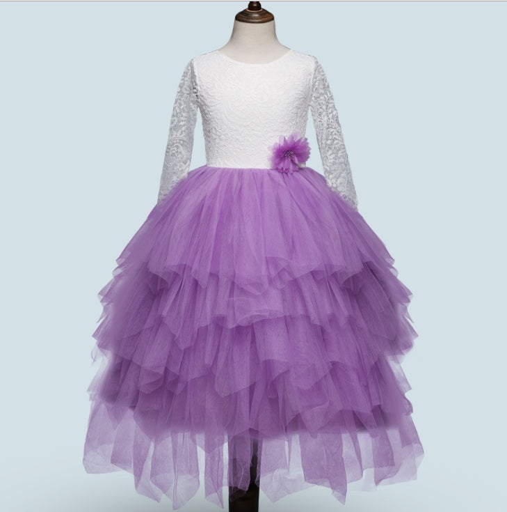 Girls White Princess Dress – Long Sleeve Lace Hollow Skirt | Autumn & Winter Irregular Dress for Kids