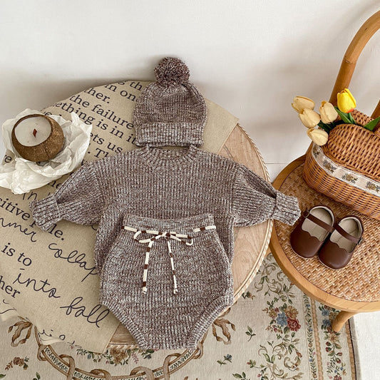 Baby Girl Winter Knitted Outfit – 3-Piece Pullover, Pants & Fur Pom Hat Set