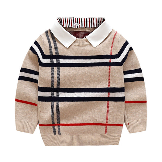 Boys Plaid Jacquard Sweater – Warm Knit Pullover for Fall & Winter