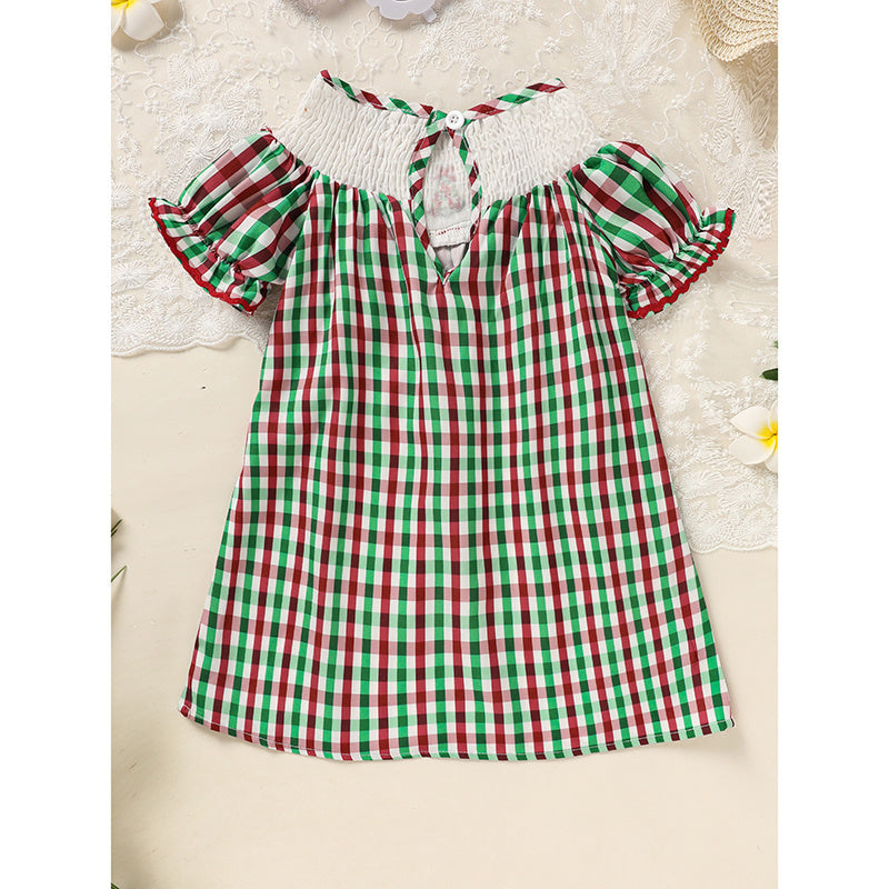 Toddler Infant Baby Girls Christmas Dress – Plaid Short Sleeve Christmas Tree Embroidered Party Outfit