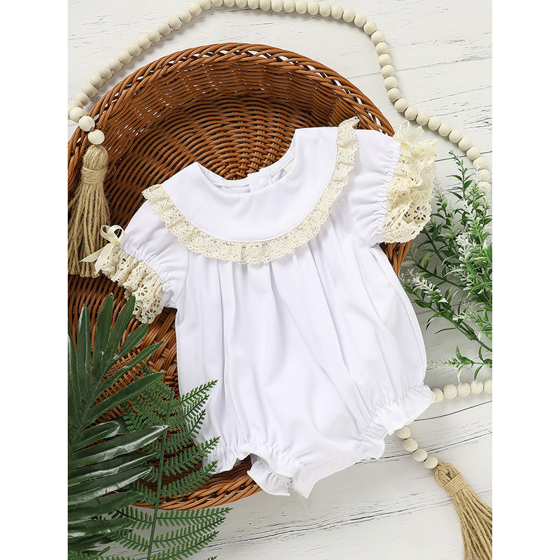 Baby Girl White Lace Romper – Short Sleeve Bubble Jumpsuit for Summer & Weddings