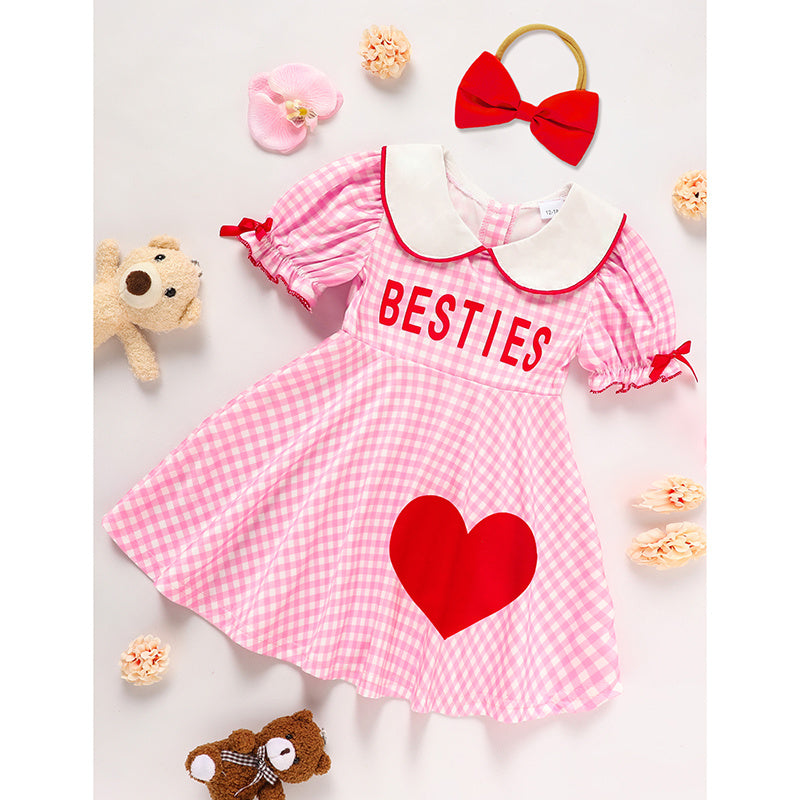 Baby Toddler Girl Short Sleeve Heart Print Dress – Doll Collar with Headband