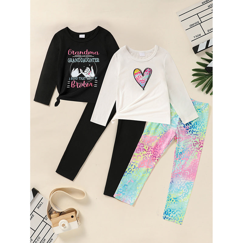 Kid's Grandma and Granddaughter Outfit – Letter & Heart Print Long Sleeve Top and Pants Set (2-Piece Loungewear)