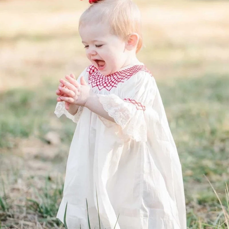 Infant Baby Girl Valentine’s Day Dress – White Lace Short Sleeve Party Dress with Red Embroidery