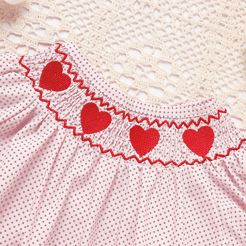 Newborn Baby Girls Valentine’s Day Smocked Romper – Short Sleeve Heart Embroidery Jumpsuit