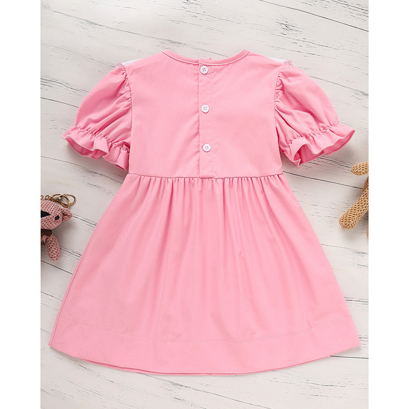 Toddler Baby Girl Spring Tulip Smocked Dress – Short Sleeve Princess Dress with Embroidery