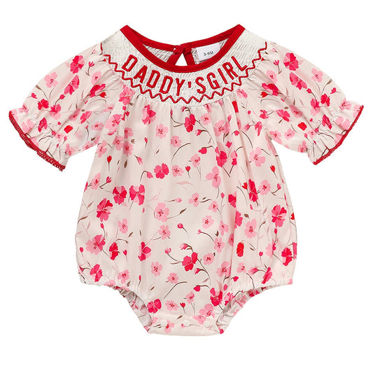 Infant Girls' Floral Smocked Romper – 'Daddy's Girl' Embroidered Short Sleeve Bodysuit for Party & Casual Wear