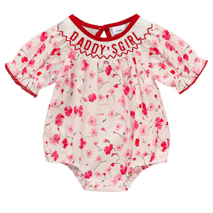 Infant Girls' Floral Smocked Romper – 'Daddy's Girl' Embroidered Short Sleeve Bodysuit for Party & Casual Wear