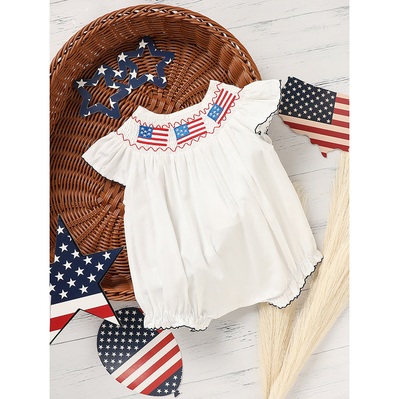 Baby Girl 4th of July Romper – Smocked Bubble Bodysuit with American Flag Embroidery