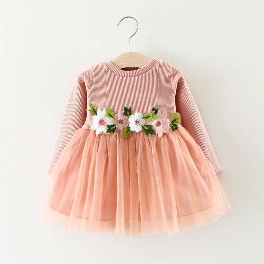 Girls Long Sleeve Princess Dress – Fall Baby Dress with Waist Flowers