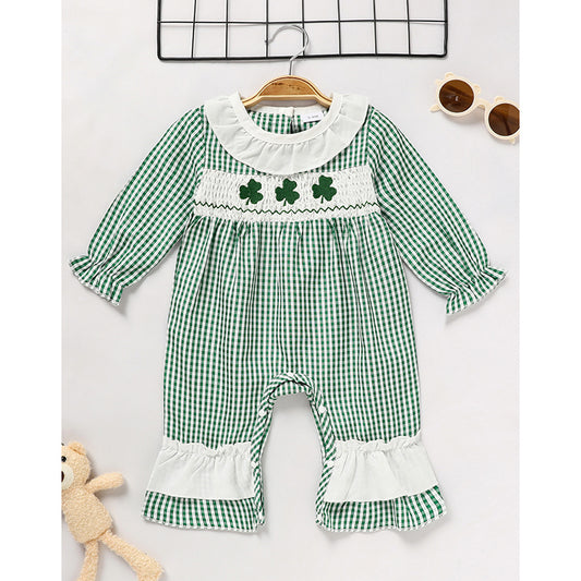 Newborn Baby Girl St. Patrick’s Day Bodysuit – Green Plaid Clover Print Long Sleeve