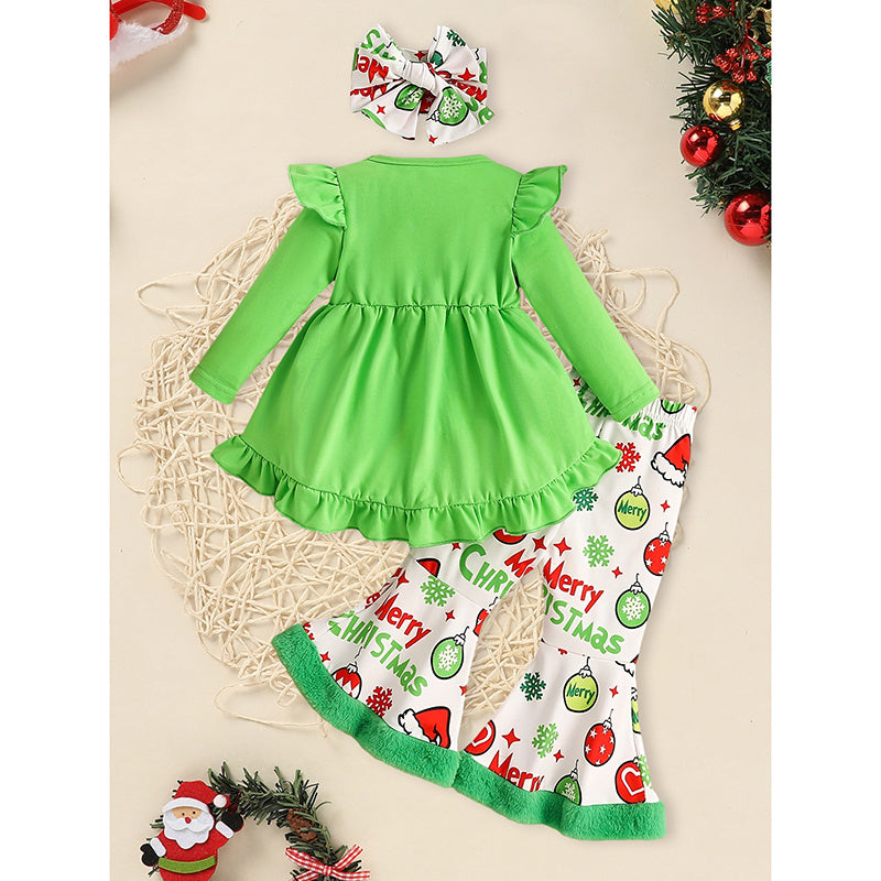 Toddler Baby Girls Christmas Outfit – Ruffle Long Sleeve Heart Print Top, Flared Pants & Headband Set
