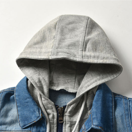 Children’s Two-Piece Denim Jacket & Hooded Casual Top – Fashionable Kids Outfit