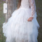 Girls White Princess Dress – Long Sleeve Lace Hollow Skirt | Autumn & Winter Irregular Dress for Kids