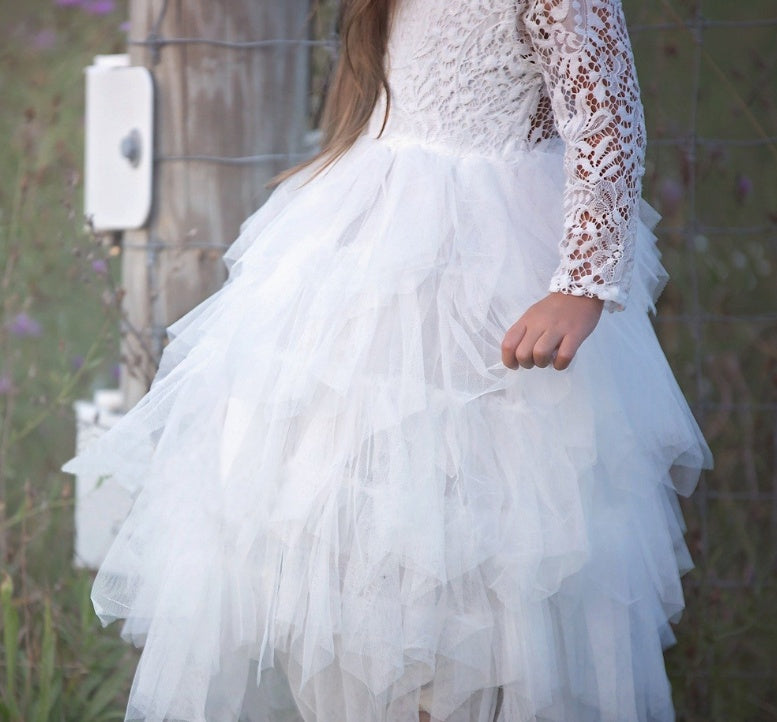 Girls White Princess Dress – Long Sleeve Lace Hollow Skirt | Autumn & Winter Irregular Dress for Kids