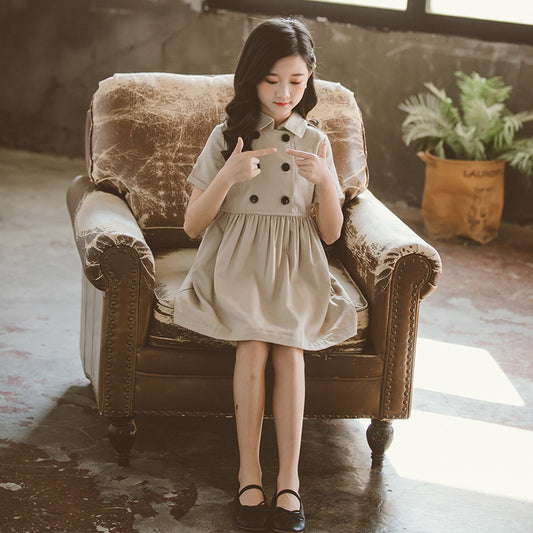 Kids Summer Korean Style Clothing – Beige Shirt & Girls' Dress for Medium to Large Children