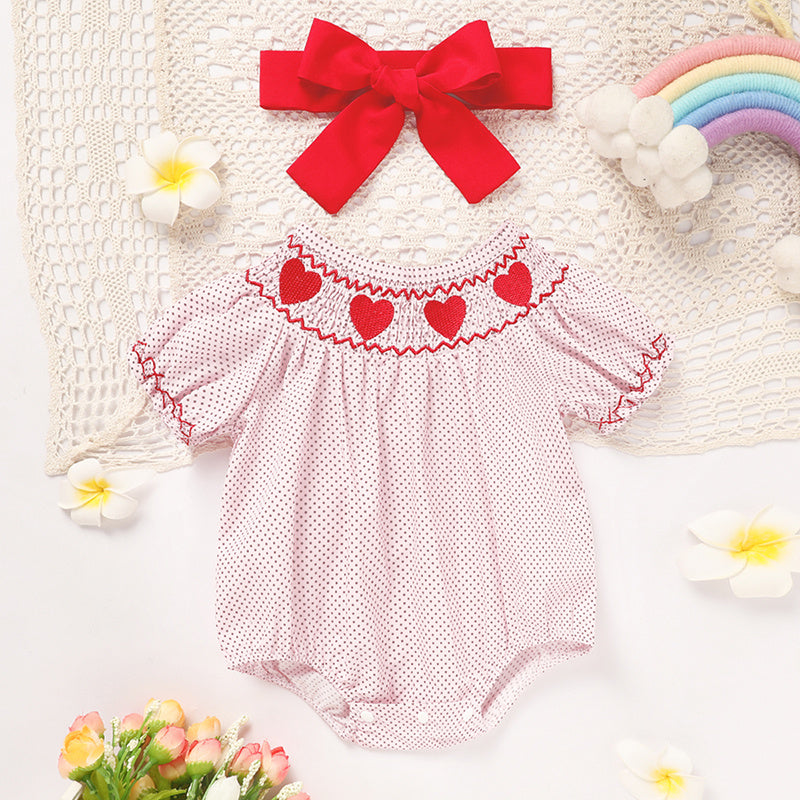 Newborn Baby Girls Valentine’s Day Smocked Romper – Short Sleeve Heart Embroidery Jumpsuit