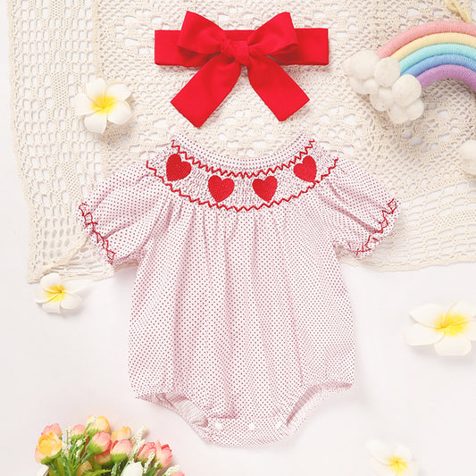 Newborn Baby Girls Valentine’s Day Smocked Romper – Short Sleeve Heart Embroidery Jumpsuit