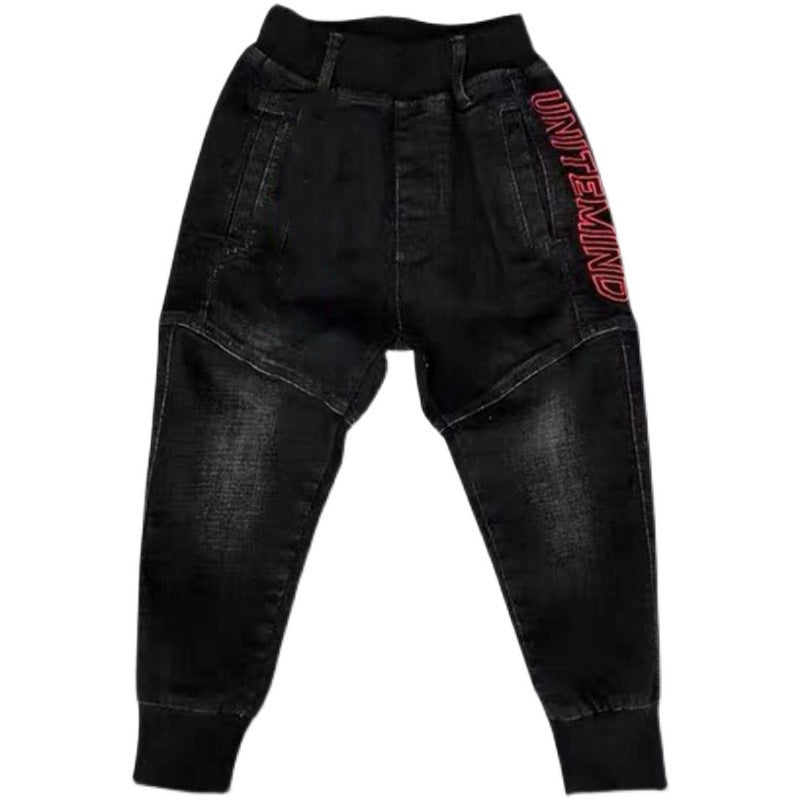 Kids Black Jeans – Boys’ Single-Layer Pants for Spring & Autumn