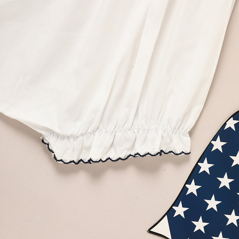 Baby Girl 4th of July Romper – Smocked Bubble Bodysuit with American Flag Embroidery