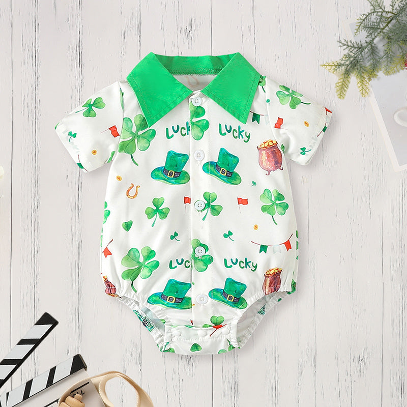 Newborn Baby Boy St. Patrick's Day Outfit – Clover Romper & Suspenders Pants Set