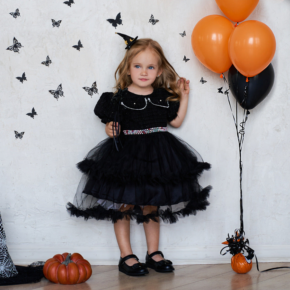 Girls’ Halloween Dress – Fashion Mesh Stitching Puff Sleeve Party Outfit