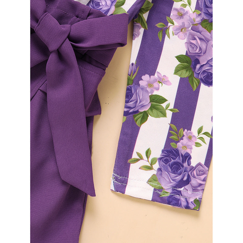 Toddler Girl Outfit Set – Purple Rose Print Top & Belted Skirt | Spring/Fall Holiday Clothes