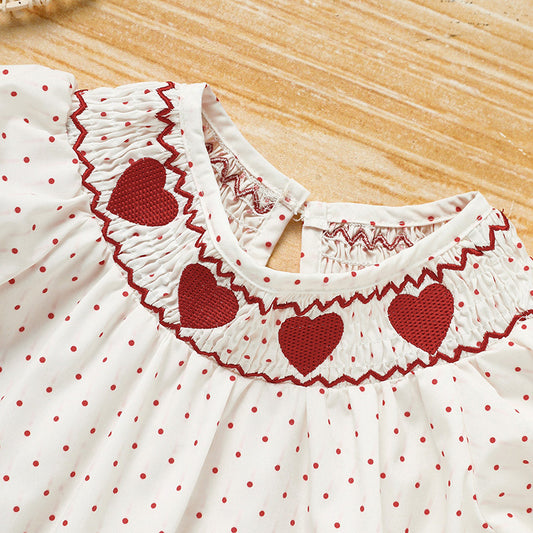 Baby Girl Valentine's Day Dress - Red Heart Embroidery with Headband & Smocked Princess Party Dress