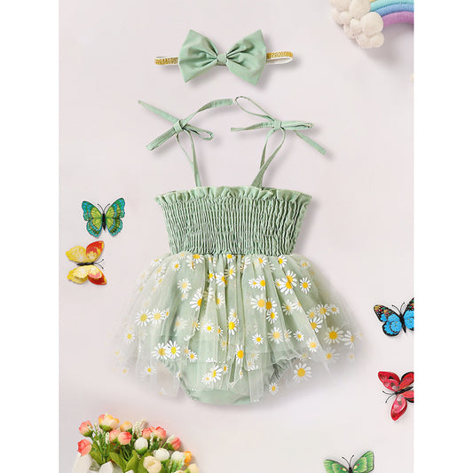 Baby Girl Summer Outfit Set – Floral Romper Dress with Bow Headband (Newborn to Infant)