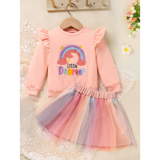 Baby Girl Rainbow Tutu Skirt Set – Embroidered Long Sleeve Sweatshirt & Colorful Party Outfit