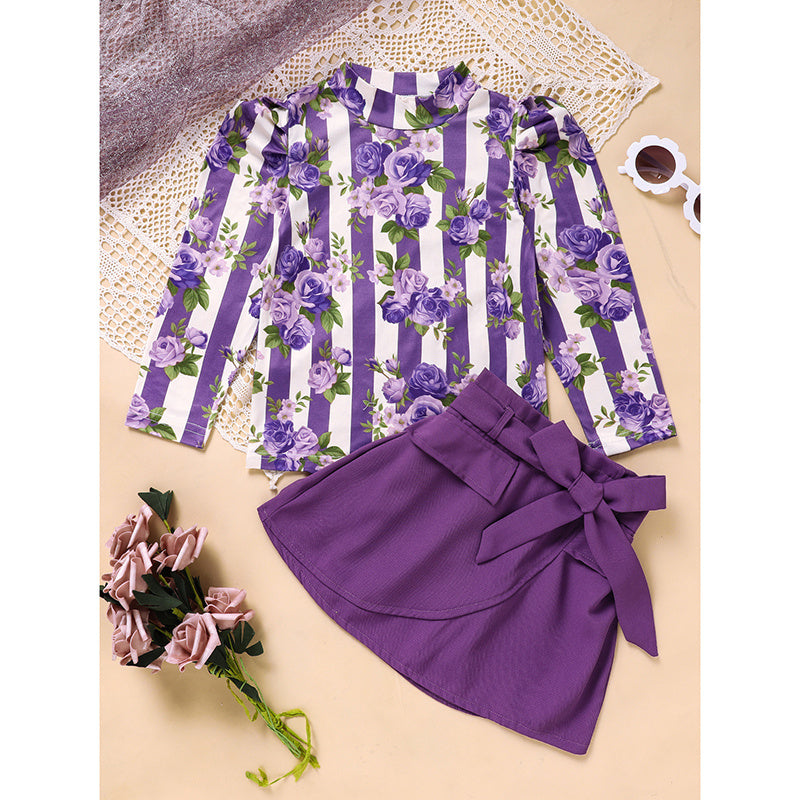 Toddler Girl Outfit Set – Purple Rose Print Top & Belted Skirt | Spring/Fall Holiday Clothes
