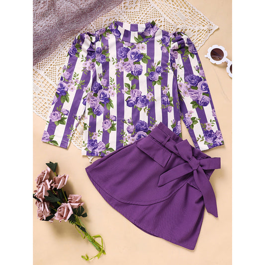 Toddler Girl Outfit Set – Purple Rose Print Top & Belted Skirt | Spring/Fall Holiday Clothes