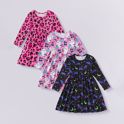 3-Piece Toddler Girl Halloween Dress Set | Skull, Ghost & Bat Print Costumes