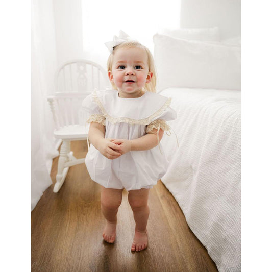 Baby Girl White Lace Romper – Short Sleeve Bubble Jumpsuit for Summer & Weddings