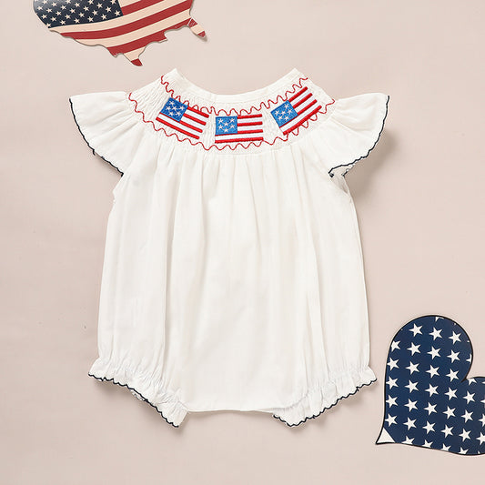 Baby Girl 4th of July Romper – Smocked Bubble Bodysuit with American Flag Embroidery