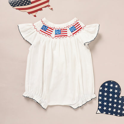 Baby Girl 4th of July Romper – Smocked Bubble Bodysuit with American Flag Embroidery