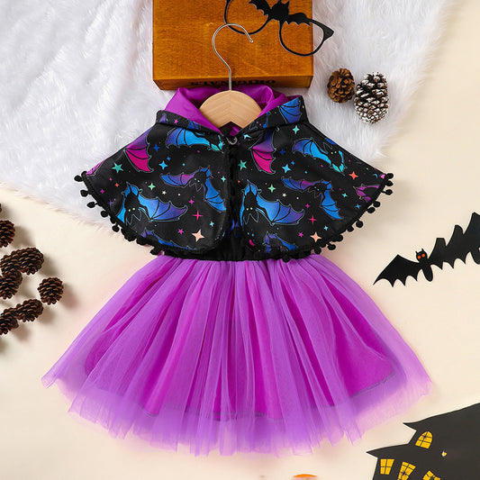 Little Girls 2PCS Halloween Outfit – Sleeveless Tulle Dress with Hooded Cloak Set