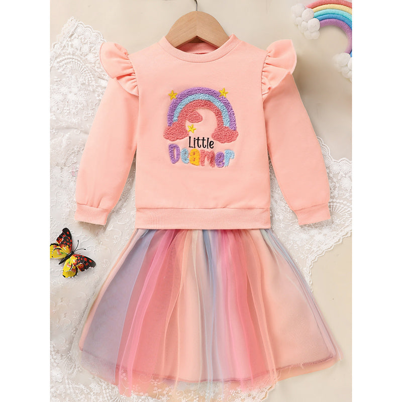 Baby Girl Rainbow Tutu Skirt Set – Embroidered Long Sleeve Sweatshirt & Colorful Party Outfit