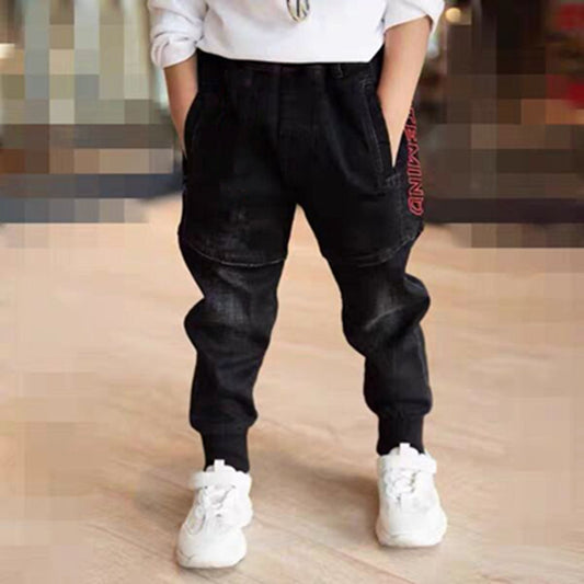 Kids Black Jeans – Boys’ Single-Layer Pants for Spring & Autumn
