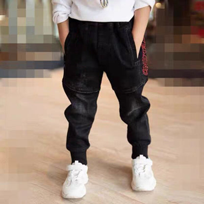 Kids Black Jeans – Boys’ Single-Layer Pants for Spring & Autumn