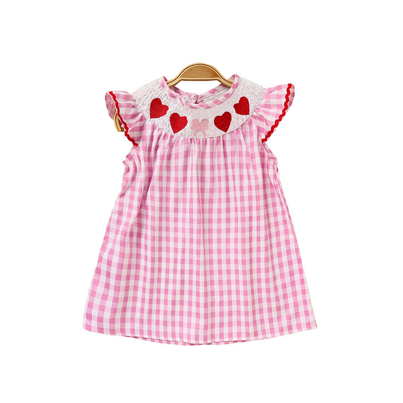 Baby Girls' Valentine's Day Dress - Pink Plaid with Heart Embroidery & Smocked Ruffle Sleeves