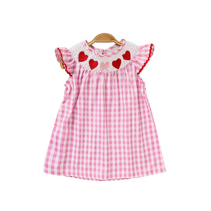 Baby Girls' Valentine's Day Dress - Pink Plaid with Heart Embroidery & Smocked Ruffle Sleeves