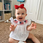 Baby Girl 4th of July Romper – Smocked Bubble Bodysuit with American Flag Embroidery