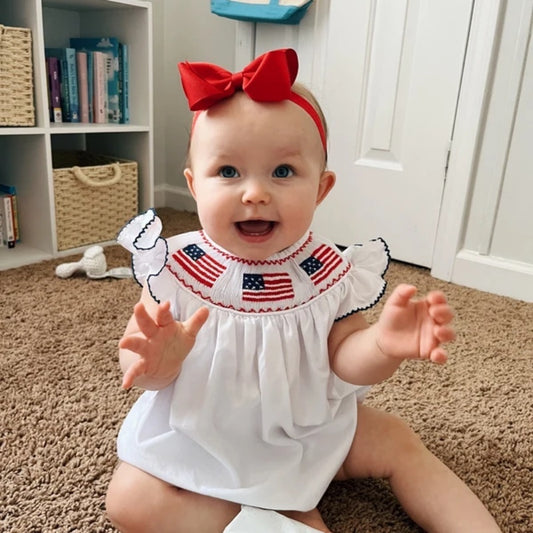 Baby Girl 4th of July Romper – Smocked Bubble Bodysuit with American Flag Embroidery