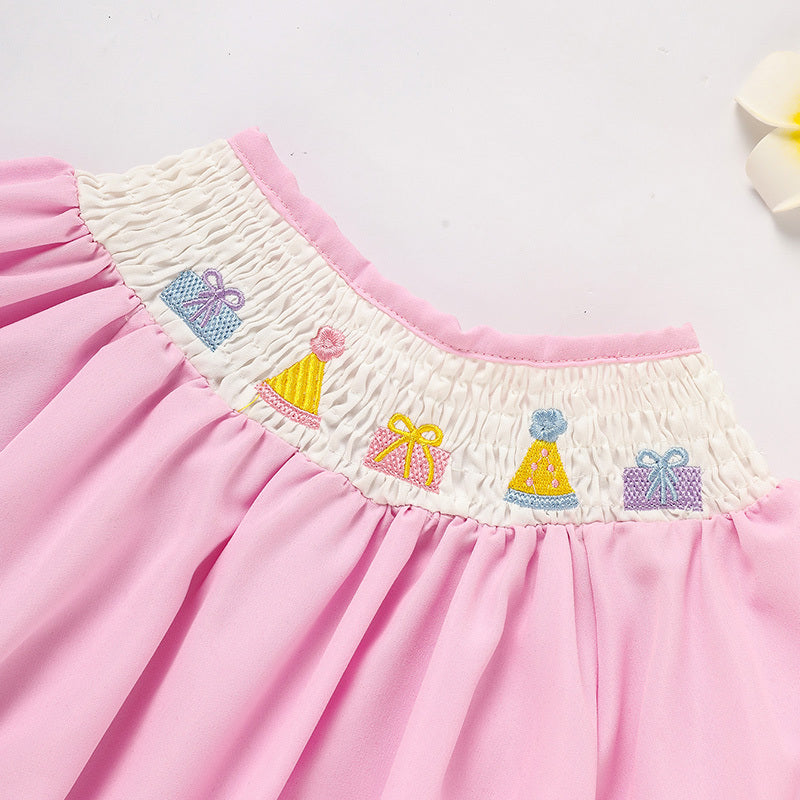 Infant Girls' Cute Birthday Smocked Bubble Romper Short Sleeves Crew Neck Cartoon Embroidery Princess Party Romper Bodysuit