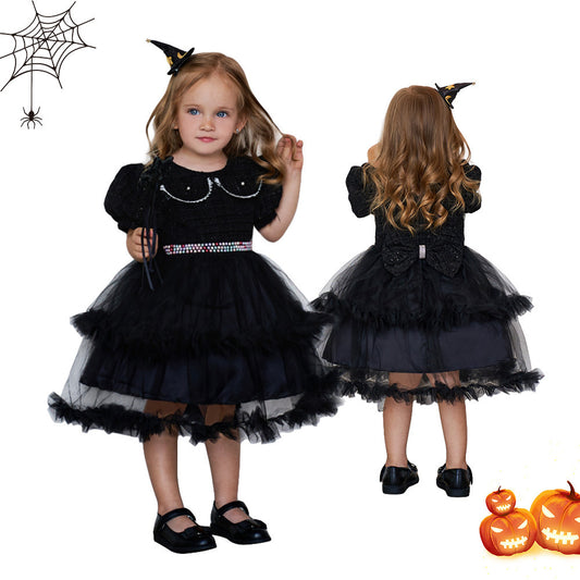 Girls’ Halloween Dress – Fashion Mesh Stitching Puff Sleeve Party Outfit