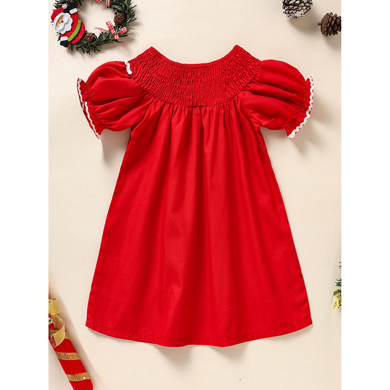 Toddler Infant Girls Christmas Dress – Smocked Tree Embroidery Party Dress